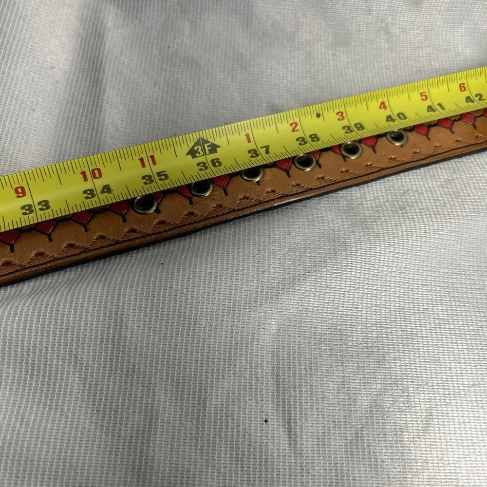 Leather Belt With Red Square Design. Size 36 Made In USA Buckle